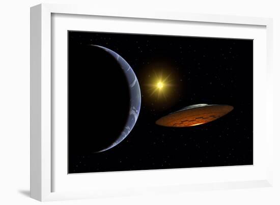Ancient Aliens Arriving Towards Earth in Flying Saucers-null-Framed Premium Giclee Print