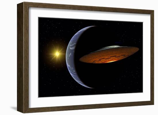 Ancient Aliens Arriving Towards Earth in Flying Saucers-null-Framed Art Print