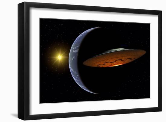 Ancient Aliens Arriving Towards Earth in Flying Saucers-null-Framed Art Print