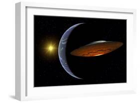 Ancient Aliens Arriving Towards Earth in Flying Saucers-null-Framed Art Print