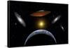 Ancient Aliens Arriving Towards Earth in Flying Saucers-null-Framed Stretched Canvas