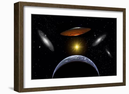 Ancient Aliens Arriving Towards Earth in Flying Saucers-null-Framed Art Print