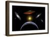 Ancient Aliens Arriving Towards Earth in Flying Saucers-null-Framed Art Print