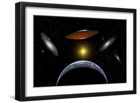 Ancient Aliens Arriving Towards Earth in Flying Saucers-null-Framed Art Print