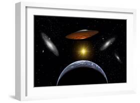 Ancient Aliens Arriving Towards Earth in Flying Saucers-null-Framed Art Print
