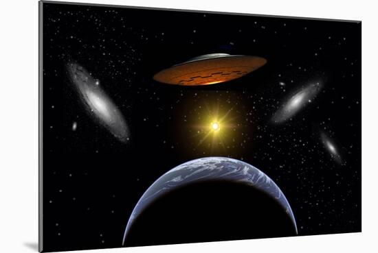 Ancient Aliens Arriving Towards Earth in Flying Saucers-null-Mounted Art Print