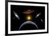 Ancient Aliens Arriving Towards Earth in Flying Saucers-null-Framed Art Print