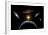 Ancient Aliens Arriving Towards Earth in Flying Saucers-null-Framed Art Print