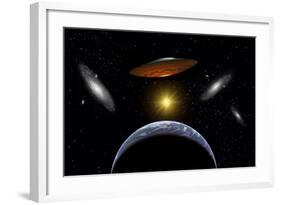 Ancient Aliens Arriving Towards Earth in Flying Saucers-null-Framed Art Print