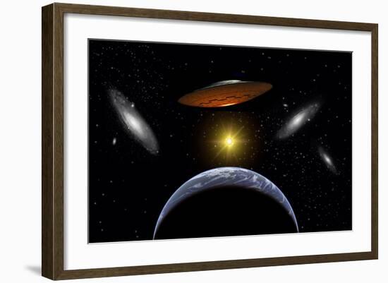 Ancient Aliens Arriving Towards Earth in Flying Saucers-null-Framed Art Print