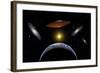 Ancient Aliens Arriving Towards Earth in Flying Saucers-null-Framed Art Print