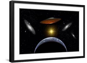 Ancient Aliens Arriving Towards Earth in Flying Saucers-null-Framed Art Print