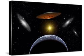 Ancient Aliens Arriving Towards Earth in Flying Saucers-null-Stretched Canvas