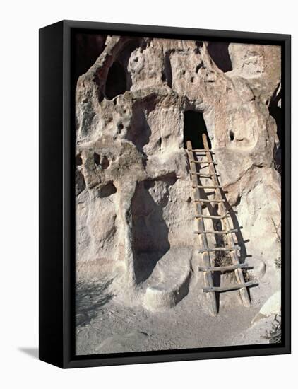 Ancient Anasazi Ruins and Cliff Dwellings in Rock, Bandlelier National Monument, New Mexico, USA-Charles Sleicher-Framed Stretched Canvas