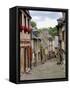 Ancient Cobbled Street and Houses, Rue Du Petit Fort, Dinan, Cotes-D'Armor, Brittany-Peter Richardson-Framed Stretched Canvas