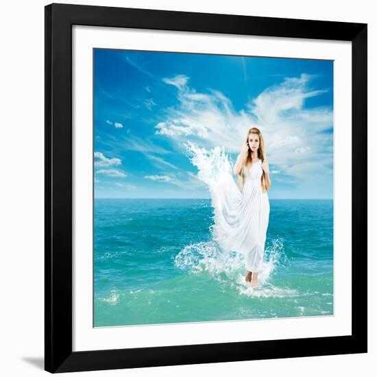 Ancient Greek Goddess In Sea Waves-brickrena-Framed Art Print