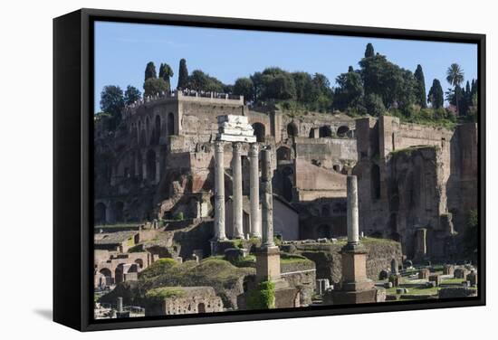 Ancient Roman Forum and the Three Columns of Temple of Castor and Pollux, Rome, Lazio, Italy-James Emmerson-Framed Stretched Canvas