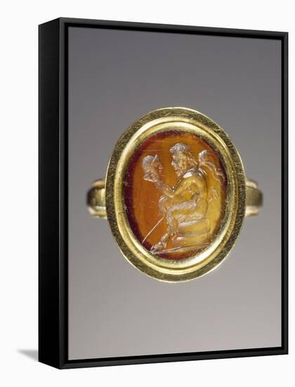 Ancient Roman Ring with Gem Engraved with Pan Contemplating a Theatrical Mask-null-Framed Stretched Canvas