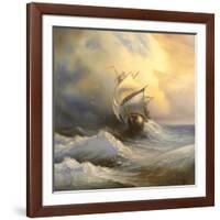 Ancient Sailing Vessel In Stormy Sea-balaikin2009-Framed Art Print