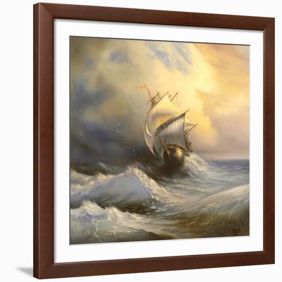 Ancient Sailing Vessel In Stormy Sea-balaikin2009-Framed Art Print