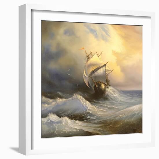 Ancient Sailing Vessel In Stormy Sea-balaikin2009-Framed Art Print