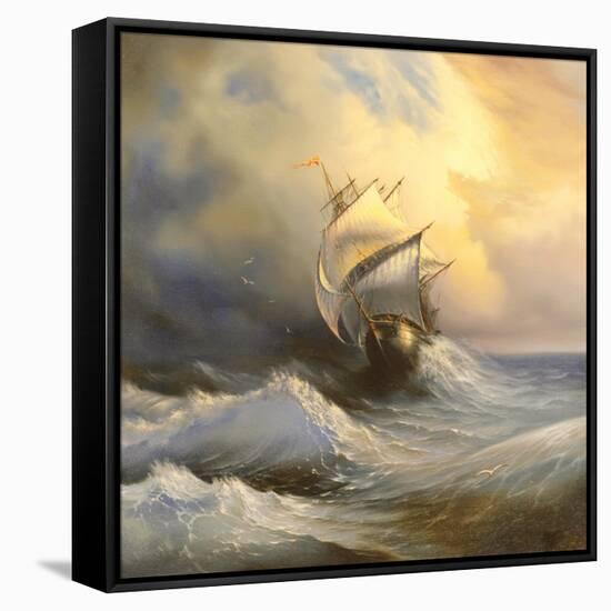 Ancient Sailing Vessel In Stormy Sea-balaikin2009-Framed Stretched Canvas