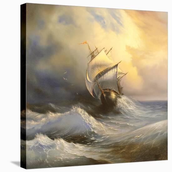 Ancient Sailing Vessel In Stormy Sea-balaikin2009-Stretched Canvas