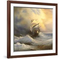 Ancient Sailing Vessel In Stormy Sea-balaikin2009-Framed Art Print