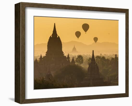 Ancient Temple City of Bagan (Pagan) and Balloons at Sunrise, Myanmar (Burma)-Peter Adams-Framed Photographic Print