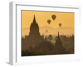 Ancient Temple City of Bagan (Pagan) and Balloons at Sunrise, Myanmar (Burma)-Peter Adams-Framed Photographic Print