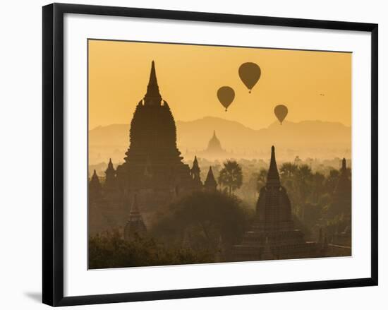 Ancient Temple City of Bagan (Pagan) and Balloons at Sunrise, Myanmar (Burma)-Peter Adams-Framed Photographic Print