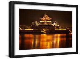 Ancient Temple Night Reflection Bridge Jinming Lake, Kaifeng, China-William Perry-Framed Photographic Print