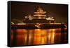 Ancient Temple Night Reflection Bridge Jinming Lake, Kaifeng, China-William Perry-Framed Stretched Canvas