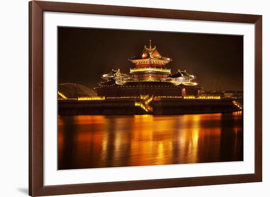 Ancient Temple Night Reflection Bridge Jinming Lake, Kaifeng, China-William Perry-Framed Photographic Print