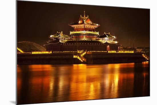 Ancient Temple Night Reflection Bridge Jinming Lake, Kaifeng, China-William Perry-Mounted Photographic Print