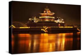 Ancient Temple Night Reflection Bridge Jinming Lake, Kaifeng, China-William Perry-Stretched Canvas