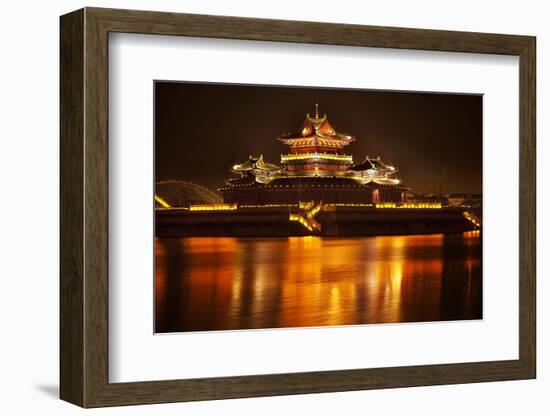 Ancient Temple Night Reflection Bridge Jinming Lake, Kaifeng, China-William Perry-Framed Photographic Print