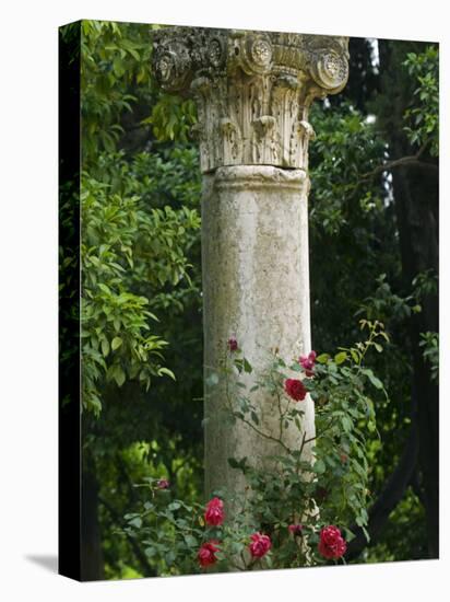 Andalucia, Seville, A Classical Column Surrounded by Roses in Gardens of Alcazar Palace, Spain-John Warburton-lee-Stretched Canvas