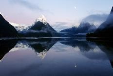 New Zealand, Nuova Zelanda, Fiordland, Milford Sound and Moon During a Cold and Misty Sunrise.-Andrea Pozzi-Photographic Print