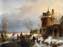 Skating in Holland, Showing a Winter Scene with Ice-Scaters and with a Windmill in the Background-Andreas Schelfhout-Giclee Print
