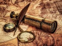 Vintage Magnifying Glass, Compass, Goose Quill Pen And Spyglass Lying On An Old Map-Andrey Armyagov-Art Print