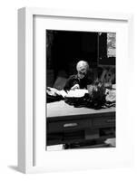 Andy at Typewriter, The Factory, NYC, circa 1965-Andy Warhol/ Nat Finkelstein-Framed Art Print