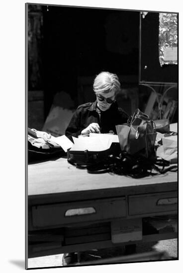 Andy at Typewriter, The Factory, NYC, circa 1965-Andy Warhol/ Nat Finkelstein-Mounted Giclee Print