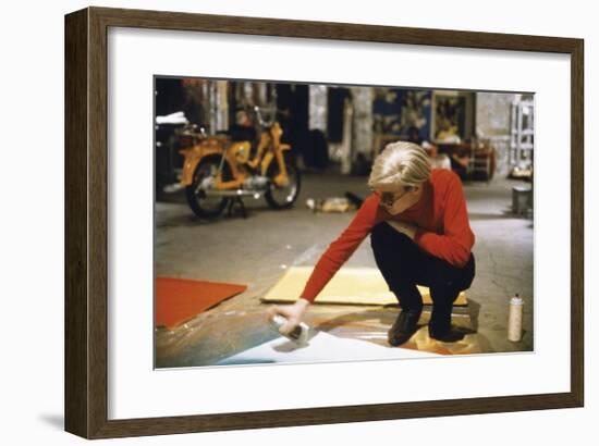 Andy with Spray Paint and Moped, The Factory, NYC, circa 1965-Andy Warhol/ Nat Finkelstein-Framed Giclee Print