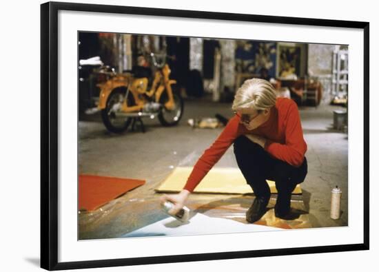 Andy with Spray Paint and Moped, The Factory, NYC, circa 1965-Andy Warhol/ Nat Finkelstein-Framed Giclee Print