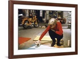 Andy with Spray Paint and Moped, The Factory, NYC, circa 1965-Andy Warhol/ Nat Finkelstein-Framed Giclee Print