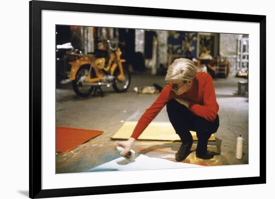 Andy with Spray Paint and Moped, The Factory, NYC, circa 1965-Andy Warhol/ Nat Finkelstein-Framed Giclee Print