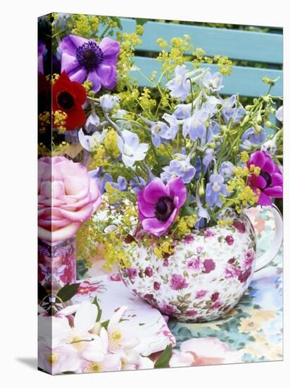 Anemones and Delphiniums in a Teapot-Linda Burgess-Stretched Canvas