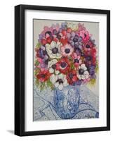 Anemones in a Blue and White Pot, with Blue and White Textile-Joan Thewsey-Framed Giclee Print