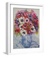Anemones in a Blue and White Pot, with Blue and White Textile-Joan Thewsey-Framed Giclee Print